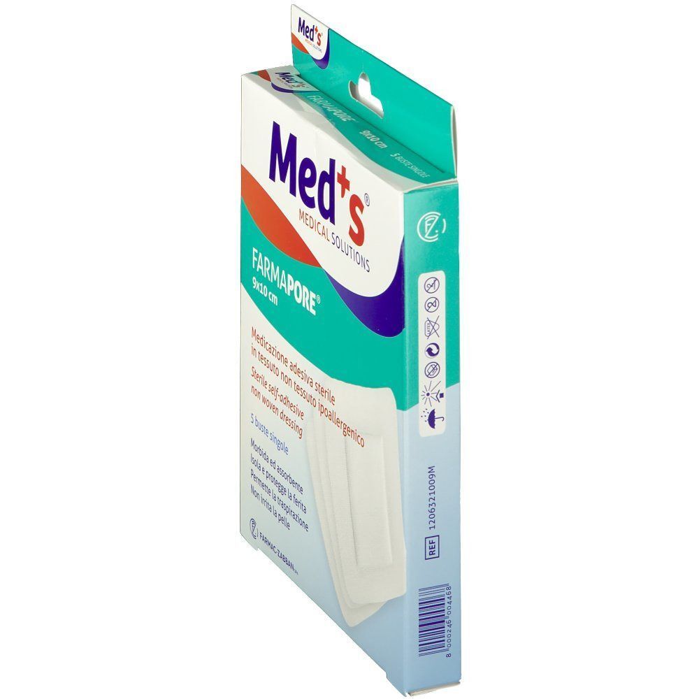 Medicazione adesiva sterile Med's Farmapore, 9x10 cm, 5 buste singole. Tessuto non tessuto ipoallergenico.