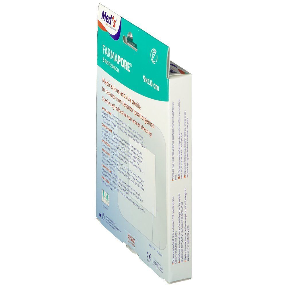 Medicazione adesiva sterile Med's Farmapore, 9x10 cm, 5 buste singole. Tessuto non tessuto ipoallergenico.