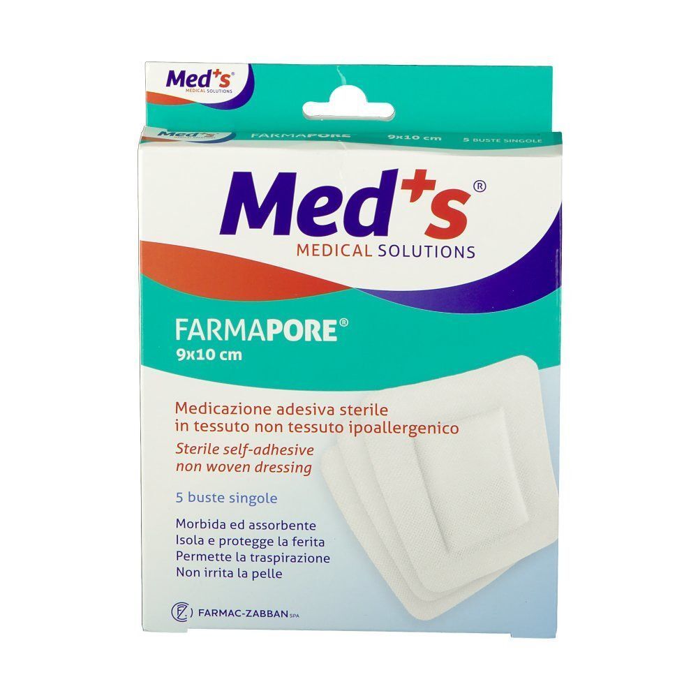 Medicazione adesiva sterile Med's Farmapore, 9x10 cm, 5 buste singole. Tessuto non tessuto ipoallergenico.