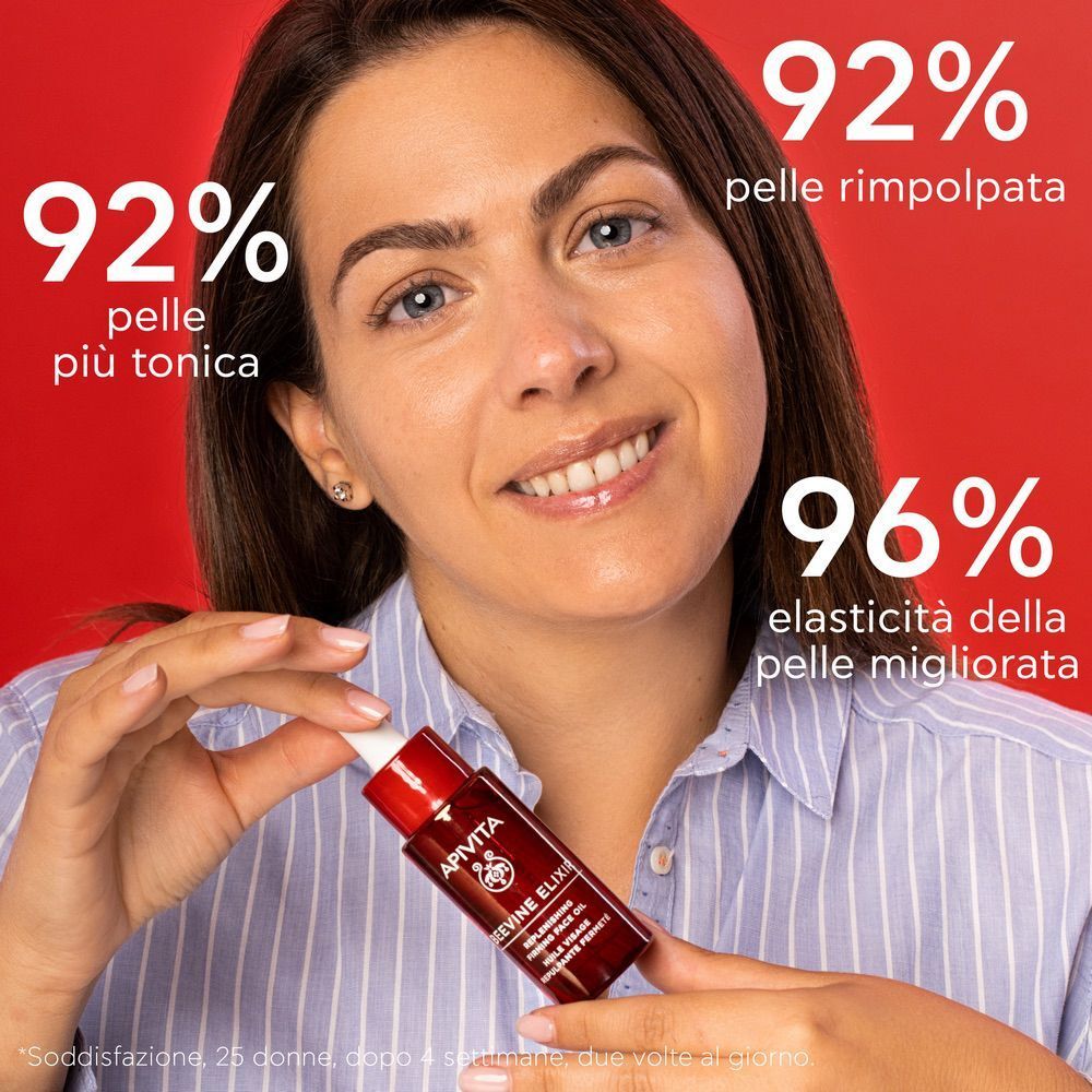 Donna tiene Olio Viso Apivita Beevine Elixir. Percentuali di miglioramento della pelle visibili.