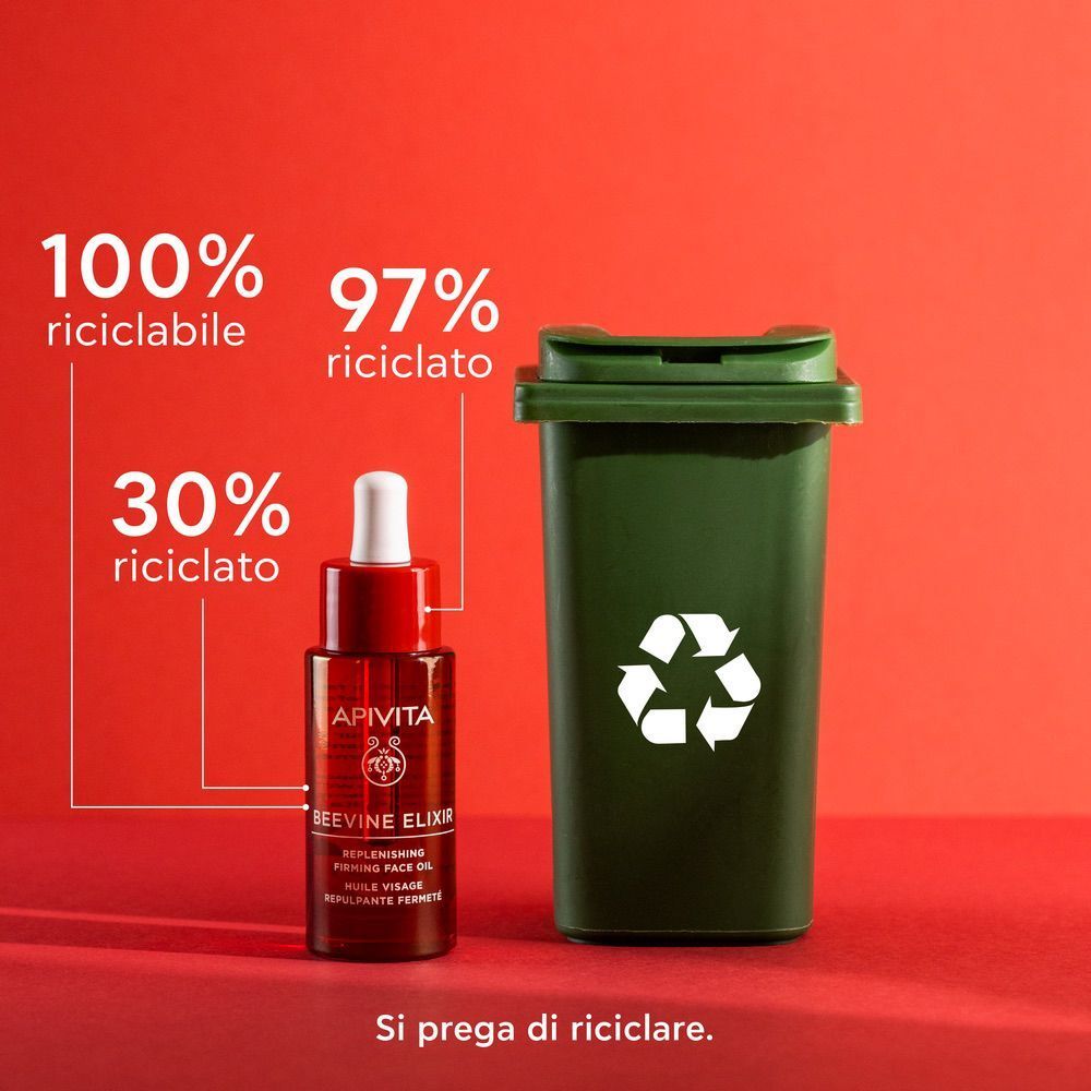 Flacone Olio Viso Apivita Beevine Elixir accanto a un bidone di riciclaggio verde. Informazioni sul riciclo.