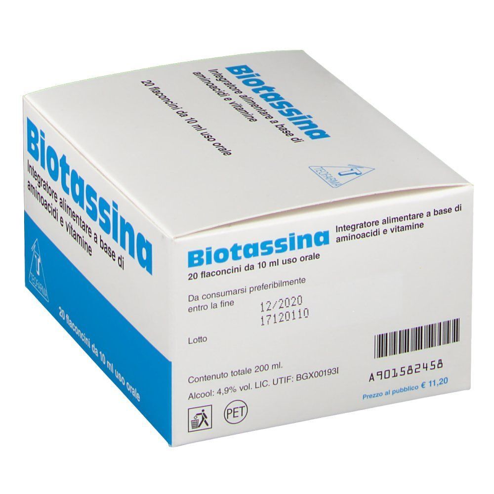 Scatola Biotassina da 20 flaconcini da 10 ml per uso orale. Contiene aminoacidi e vitamine.