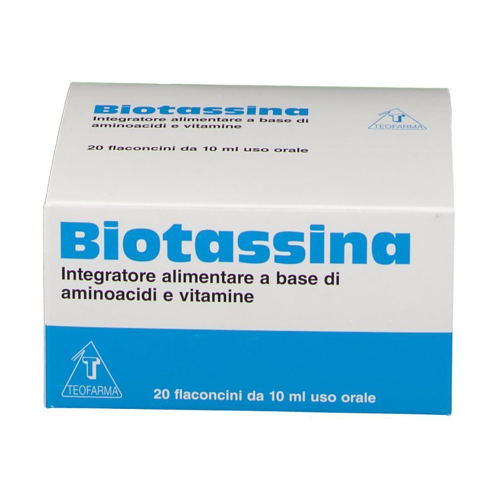 Scatola Biotassina da 20 flaconcini da 10 ml. Integratore alimentare a base di aminoacidi e vitamine.