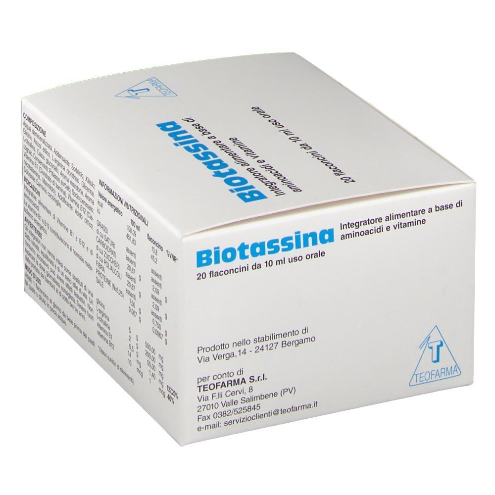 Confezione Biotassina, prodotta da Teofarma, con aminoacidi e vitamine.