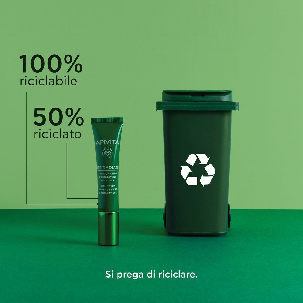 Tubetto di crema contorno occhi APIVITA Bee Radiant e la sua scatola, 15 ml.