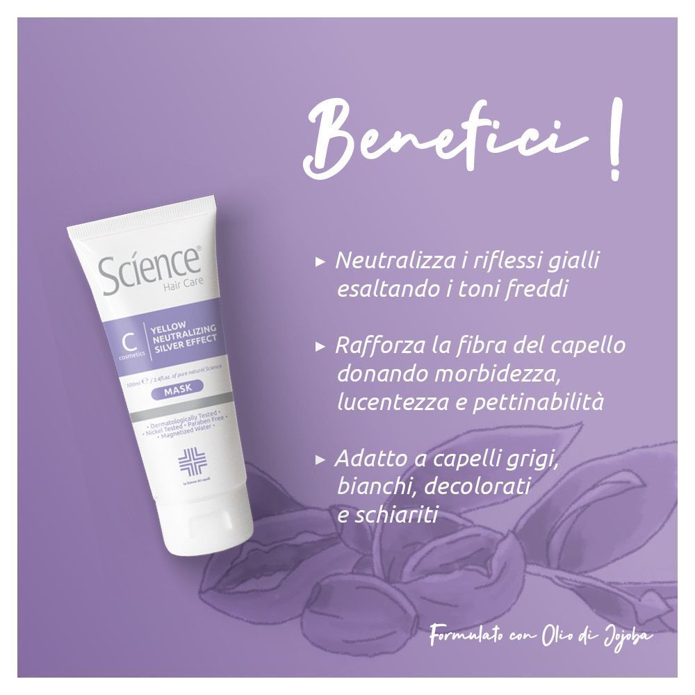 Maschera Science Hair Care con illustrazione di foglie di jojoba e testo sui benefici.