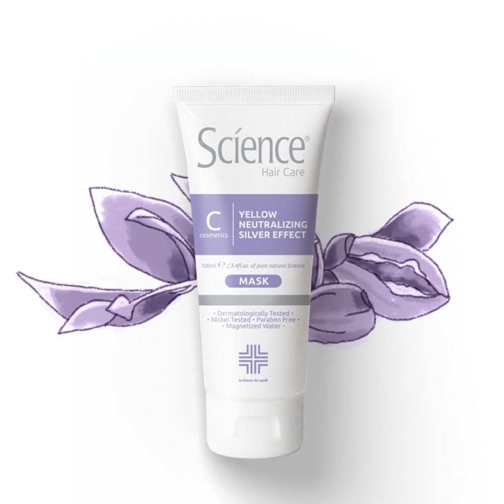 Maschera Science Hair Care con petali viola stilizzati.