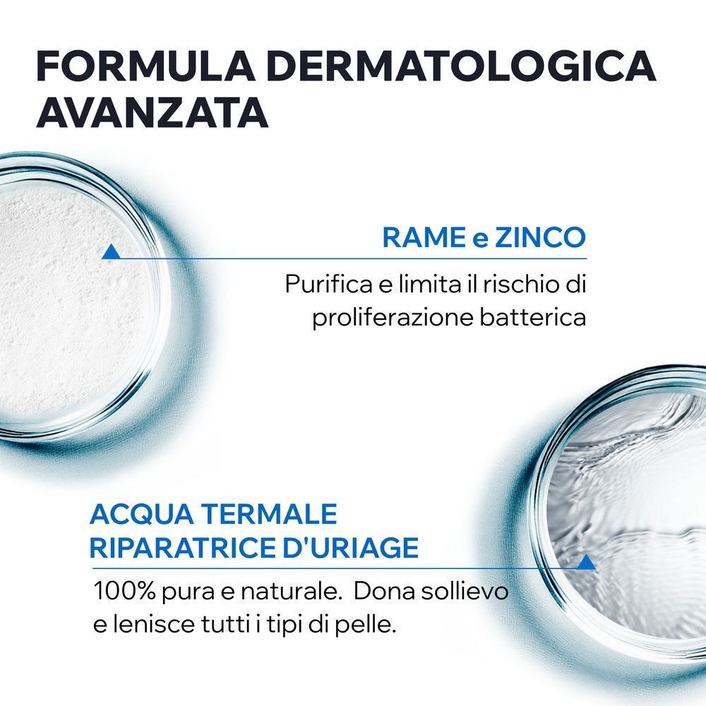 Formula con acqua termale, rame e zinco per purificare e lenire.