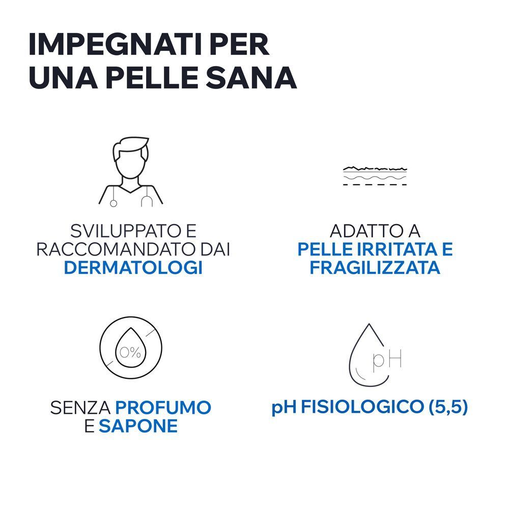 Sviluppato da dermatologi, per pelli irritate, senza profumo né sapone, pH 5.5.