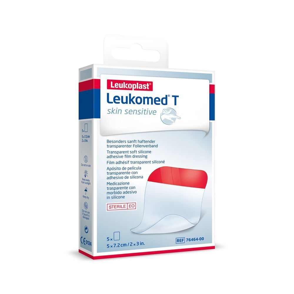 Confezione Leukoplast Leukomed T Skin Sensitive, medicazione trasparente con adesivo in silicone, 5x7.2cm.