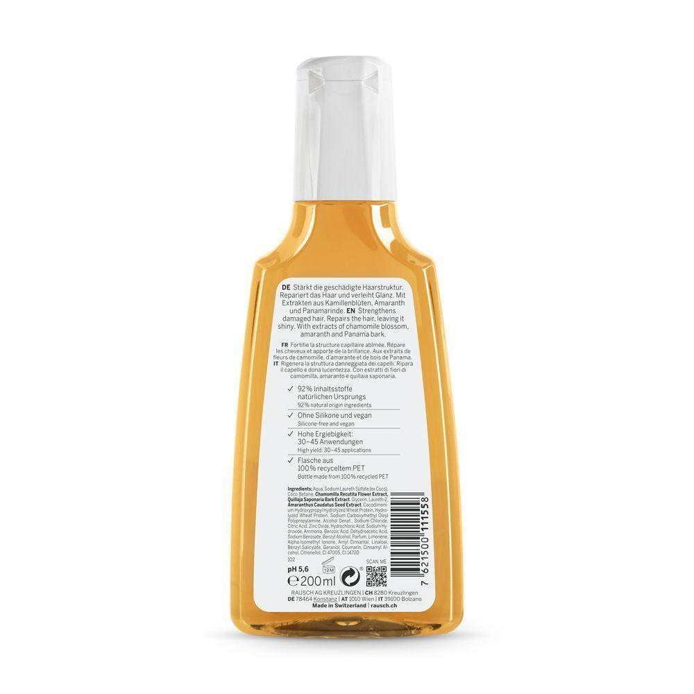 Liquido giallo in flacone trasparente con tappo bianco. Etichetta con informazioni sul prodotto, pH 5.6, 200ml.