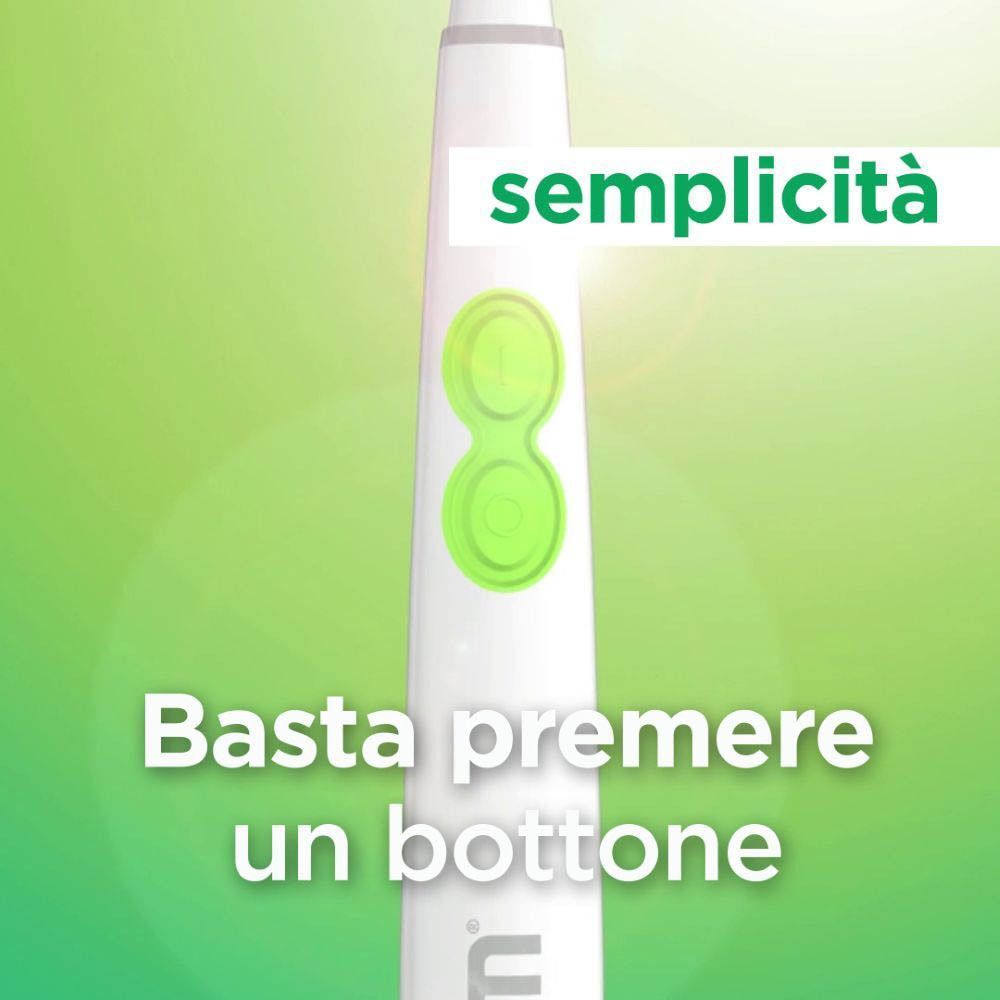 Primo piano del manico di uno spazzolino elettrico GUM SONIC DAILY bianco con due pulsanti verdi.