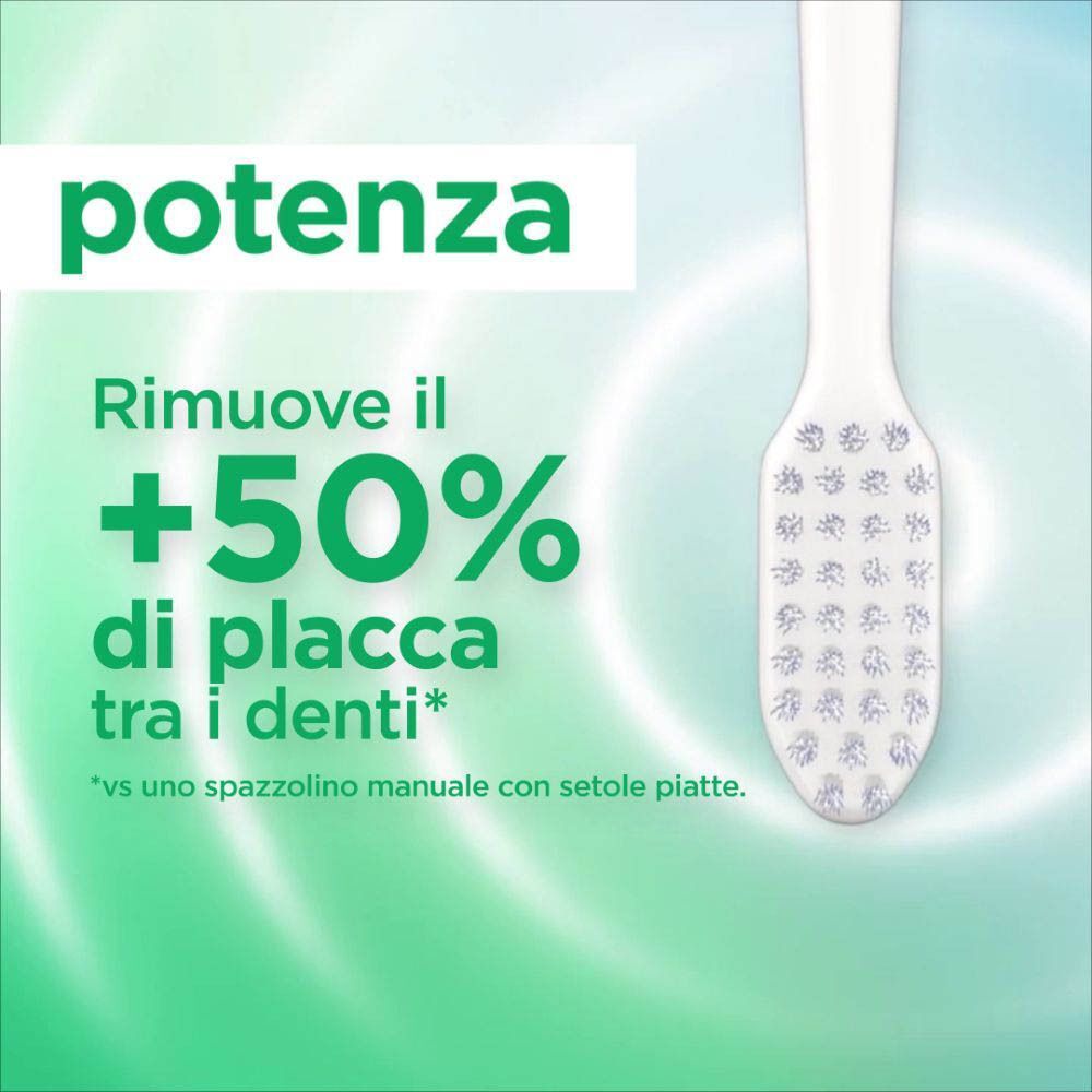 Testina di uno spazzolino elettrico GUM SONIC DAILY bianco con setole e testo '+50% di placca in più'.