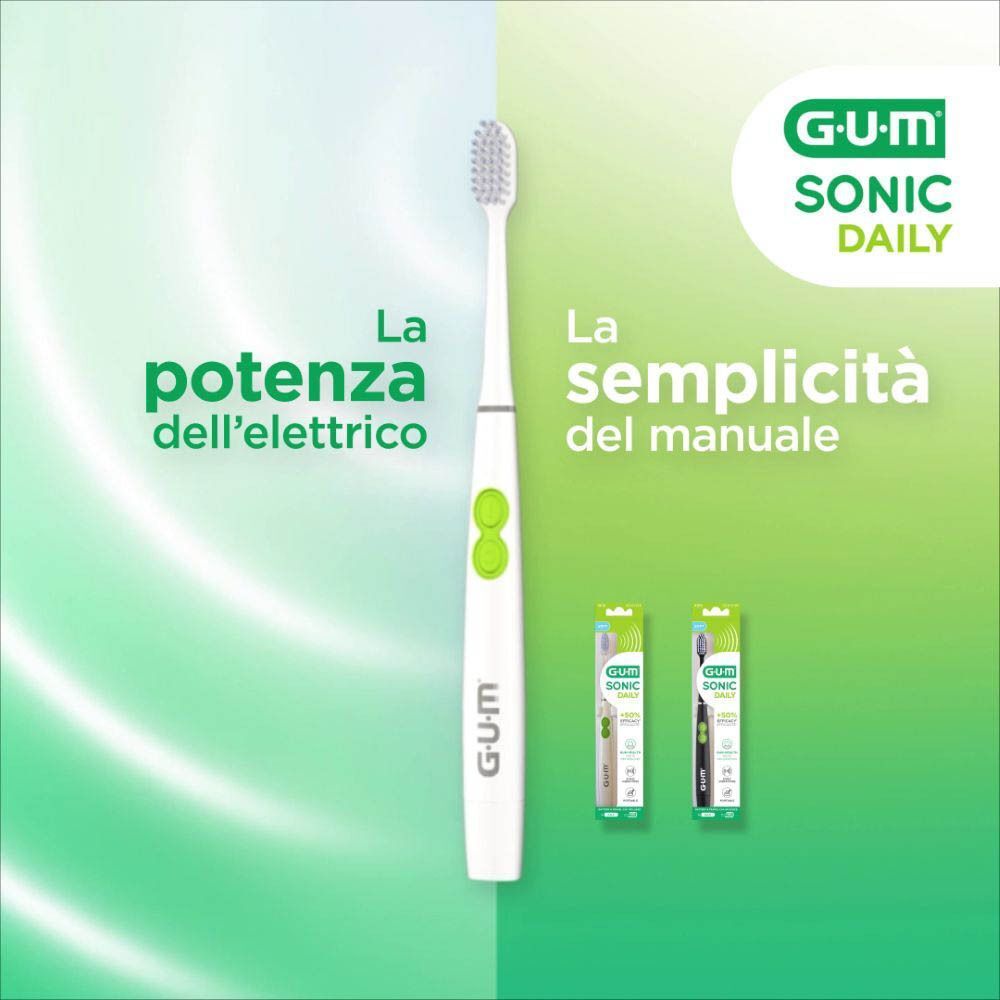 Spazzolino elettrico GUM SONIC DAILY bianco con pulsanti verdi, accanto a due confezioni di prodotto.