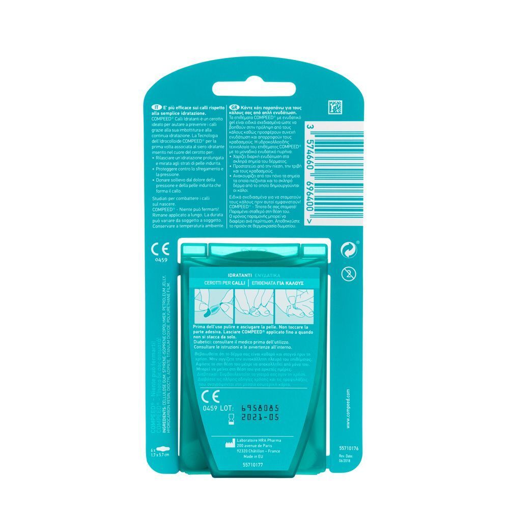 Retro di una confezione Compeed con istruzioni per l'uso e marchio CE.