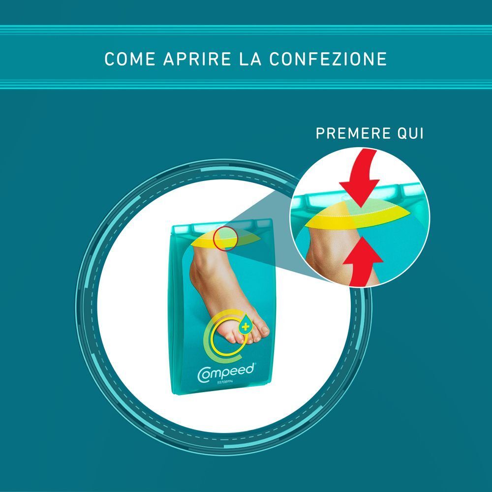 Istruzioni per aprire la confezione dei cerotti Compeed per calli con ingrandimento.