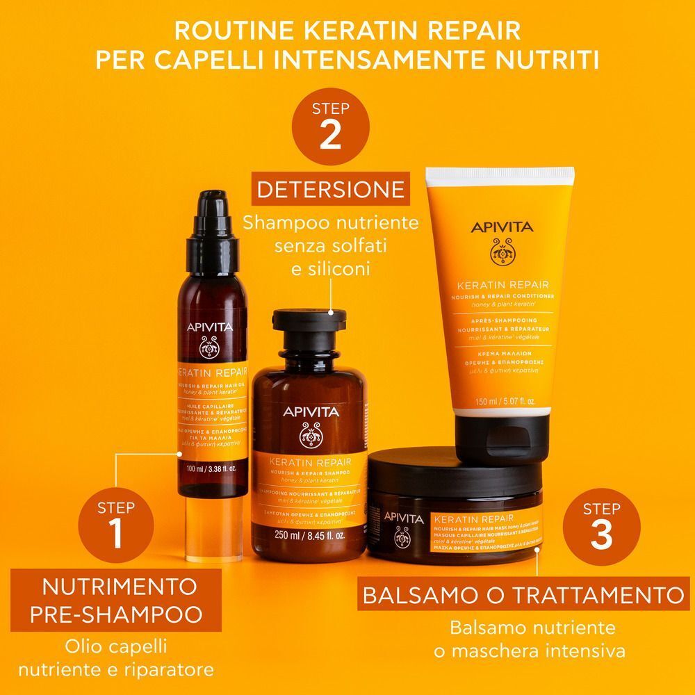 Routine APIVITA Keratin Repair: Shampoo, maschera, olio styling termoprotettivo.