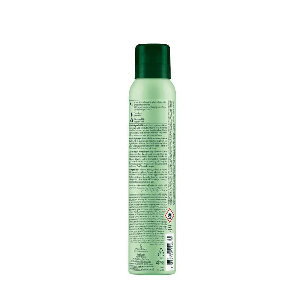 Retro di un flacone verde chiaro di shampoo secco invisibile René Furterer Naturia con tappo verde scuro.