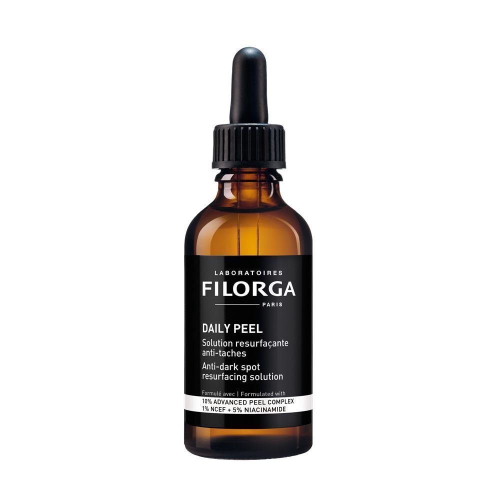 Flacone Filorga Daily Peel con contagocce. Vetro ambrato, tappo nero, etichetta con informazioni sul prodotto.