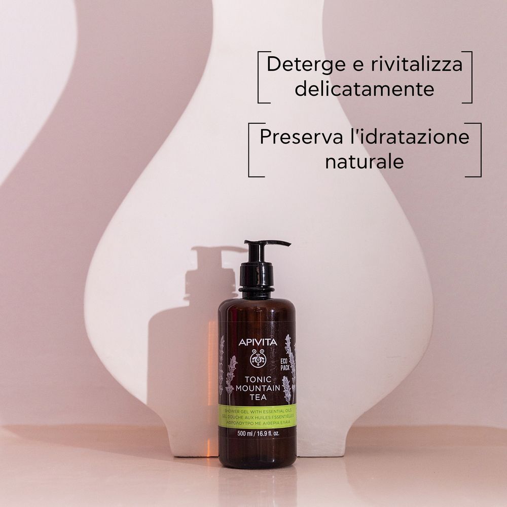 Gel doccia APIVITA TONIC MOUNTAIN TEA in flacone marrone con dispenser.