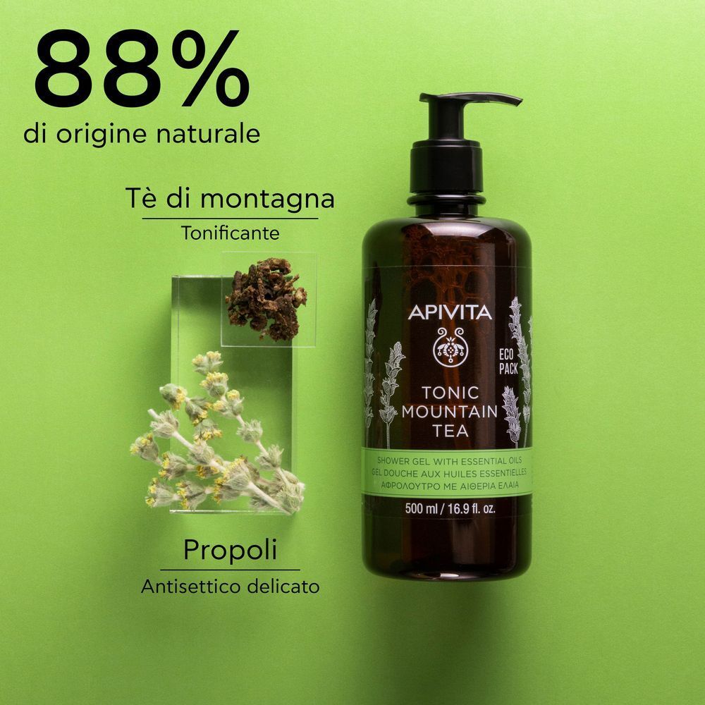 Gel doccia APIVITA Tonic Mountain Tea con propoli, 88% di origine naturale.