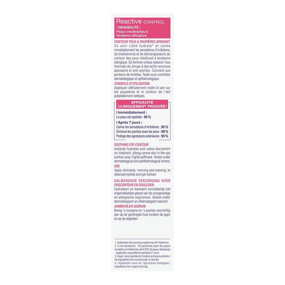 Lato della confezione della crema contorno occhi Eau Thermale Jonzac Réactive Control, 15ml, con istruzioni d'uso.
