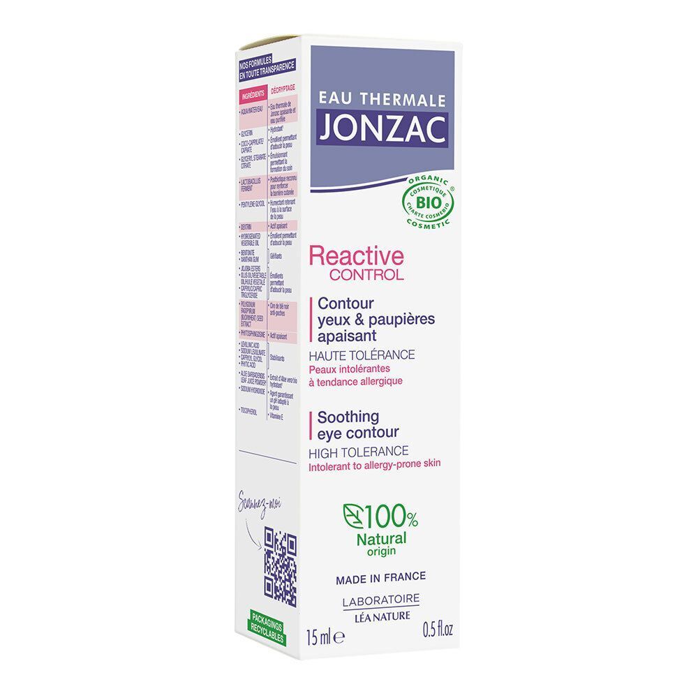 Confezione crema contorno occhi Eau Thermale Jonzac Réactive Control con ingredienti e QR code.