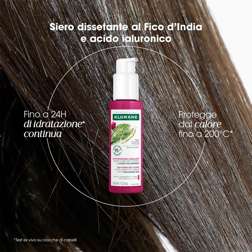 Siero Klorane al fico d'India su capelli lunghi e scuri, idratante per 24h.