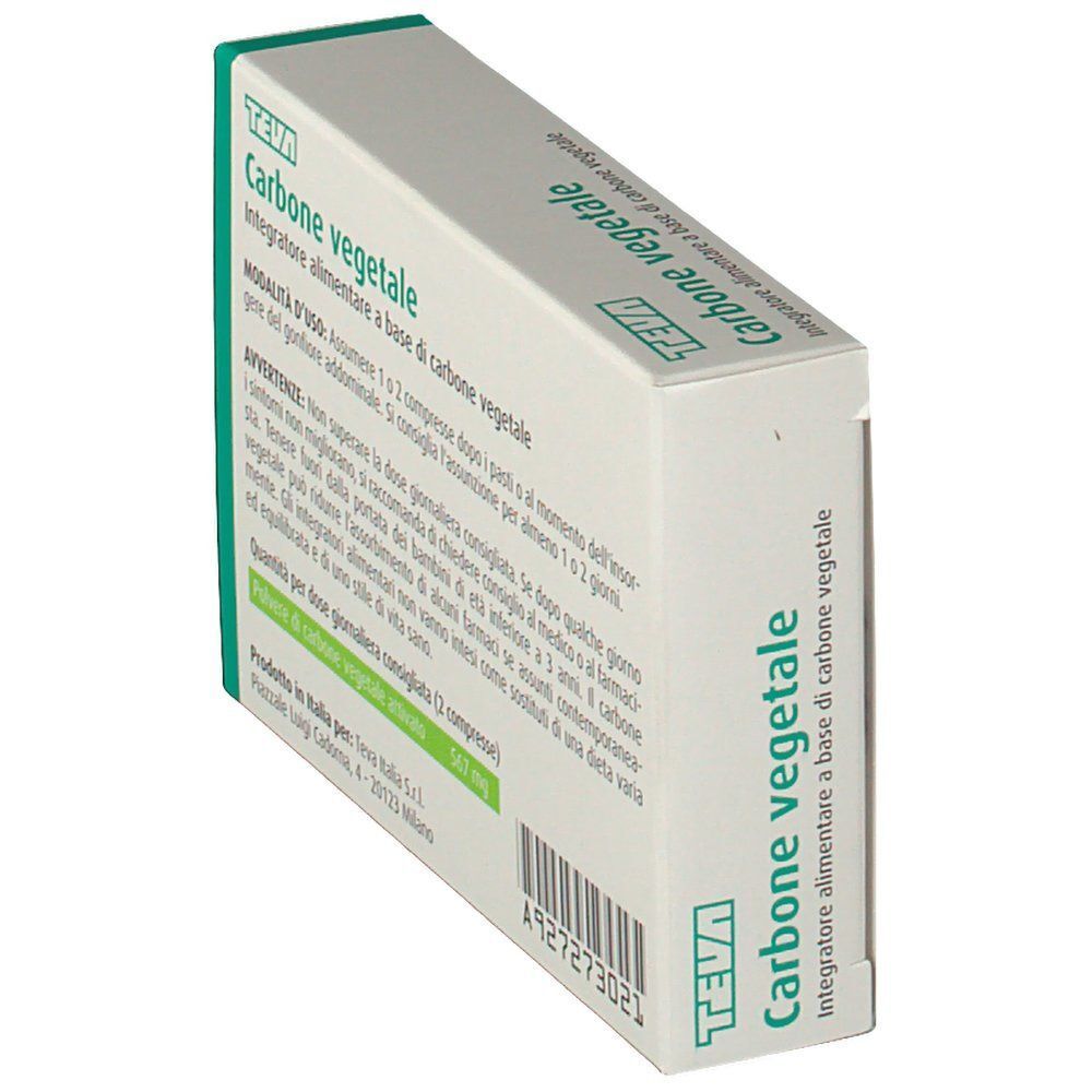 Vista laterale di una scatola di Teva Carbone vegetale, integratore alimentare a base di carbone vegetale.