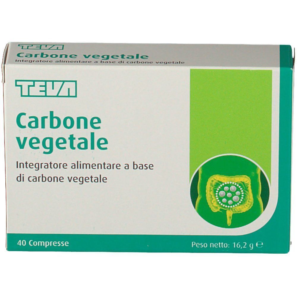 Fronte di una scatola di Teva Carbone vegetale, integratore alimentare a base di carbone vegetale, 40 compresse.