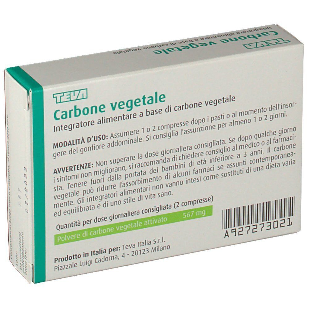 Retro di una confezione di Teva Carbone Vegetale Compresse. Contiene istruzioni e informazioni sul prodotto. Codice a barre visibile.