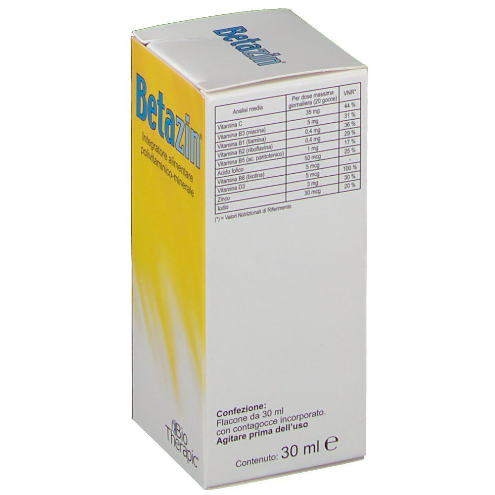Lato di una confezione Betazin con tabella nutrizionale e formato 30 ml.