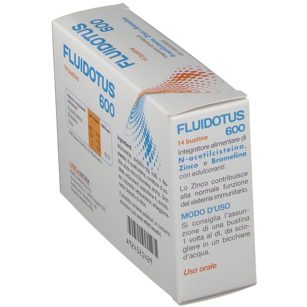 Una scatola di FLUIDOTUS 600, 14 bustine. Vista laterale con istruzioni d'uso e ingredienti. Facciata anteriore con simbolo dei polmoni.