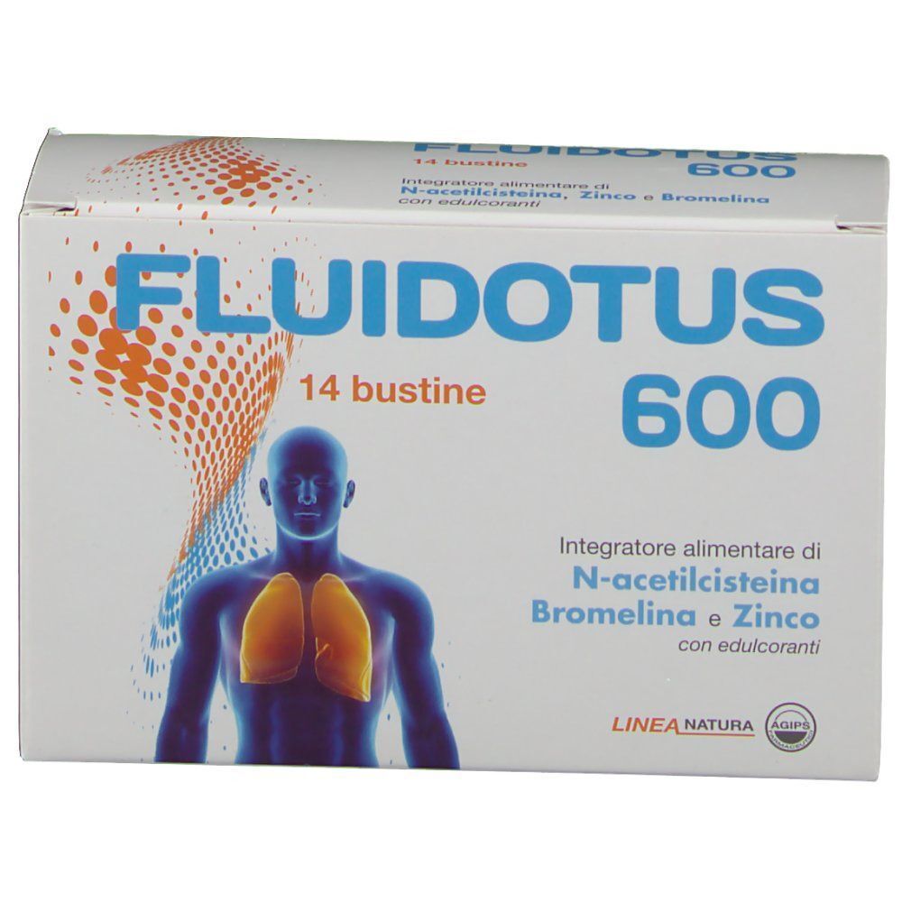 Una scatola di FLUIDOTUS 600, 14 bustine. La facciata anteriore mostra un busto umano stilizzato, polmoni e il nome del prodotto.