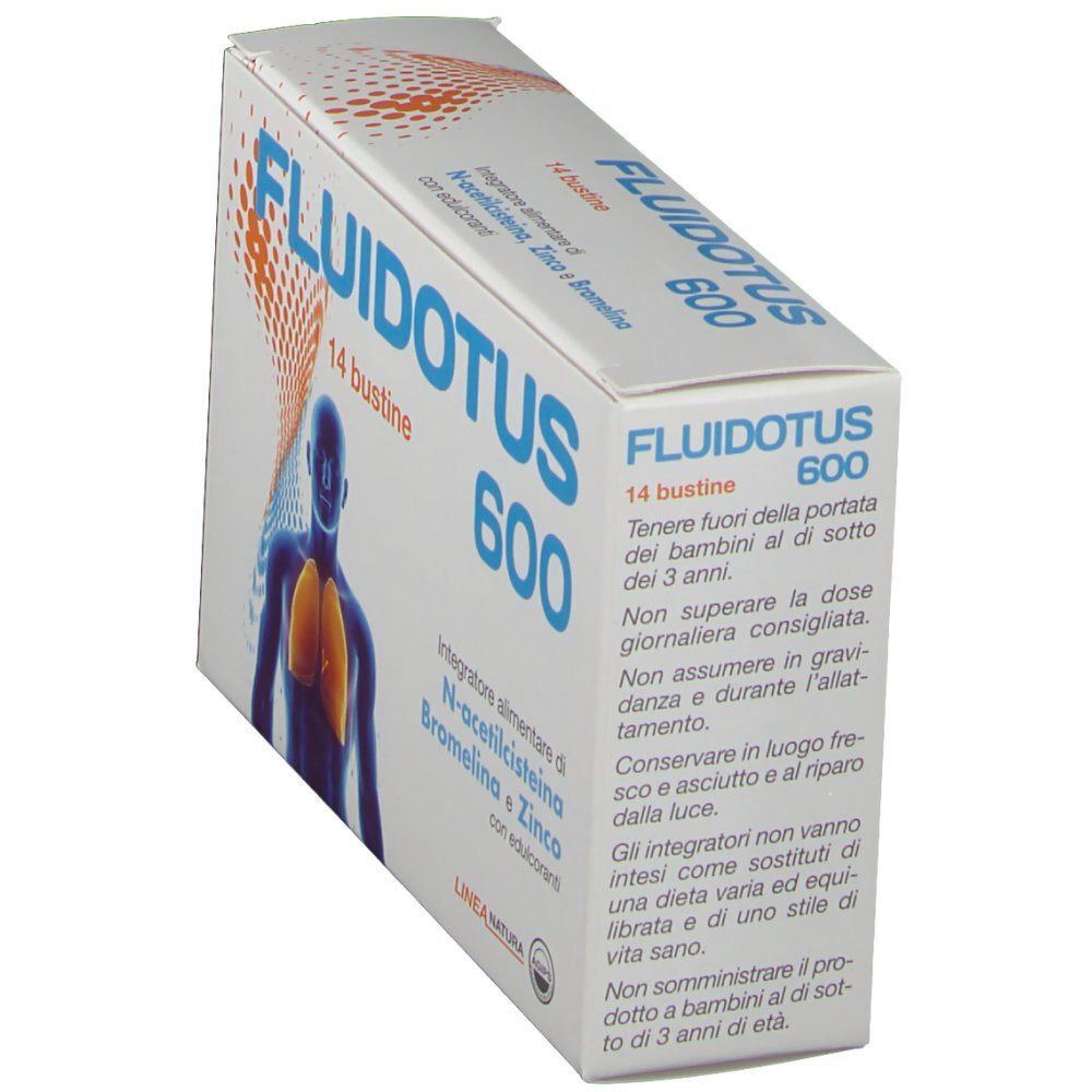 Una confezione di FLUIDOTUS 600, 14 bustine. Vista laterale con avvertenze e istruzioni d'uso in italiano.