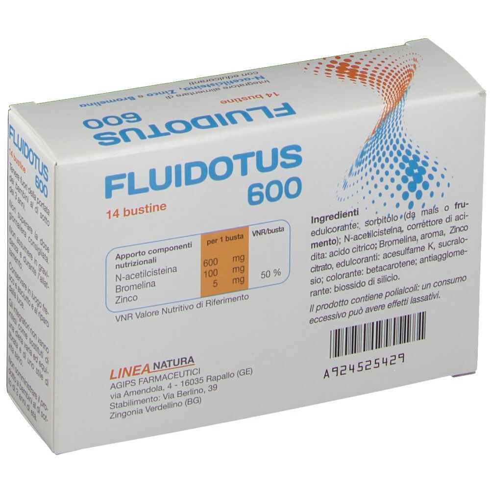 Retro di una confezione di FLUIDOTUS 600 (14 bustine) con tabella nutrizionale e ingredienti in italiano.