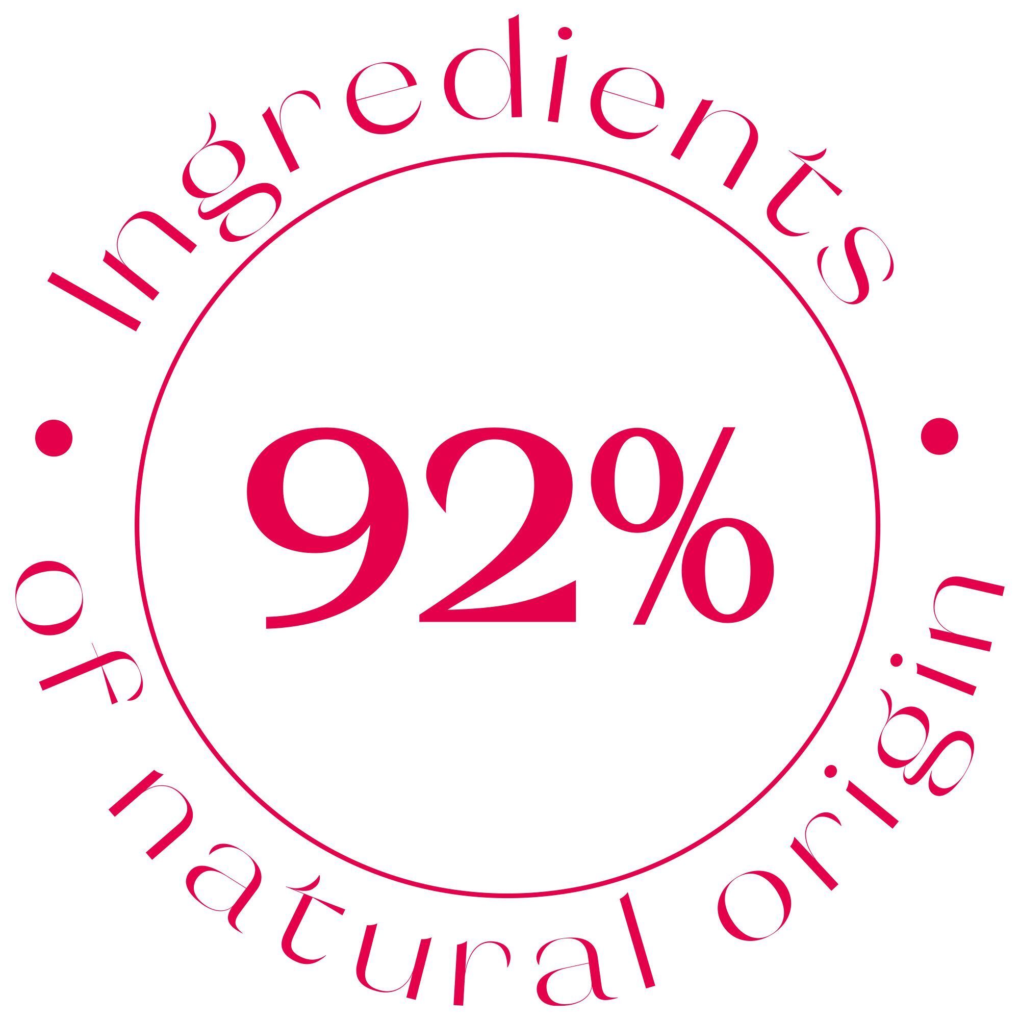 Diagramma circolare con scritta '92% di origine naturale'.