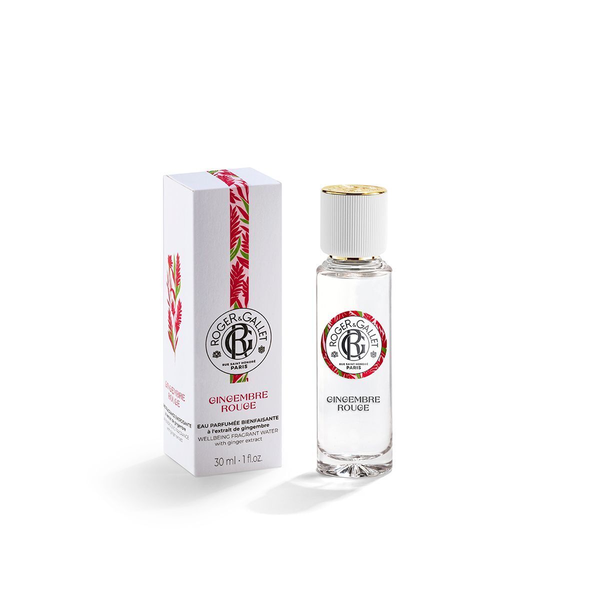 Flacone ROGER&GALLET Gingembre Rouge Eau de Parfum 30ml accanto alla sua confezione.