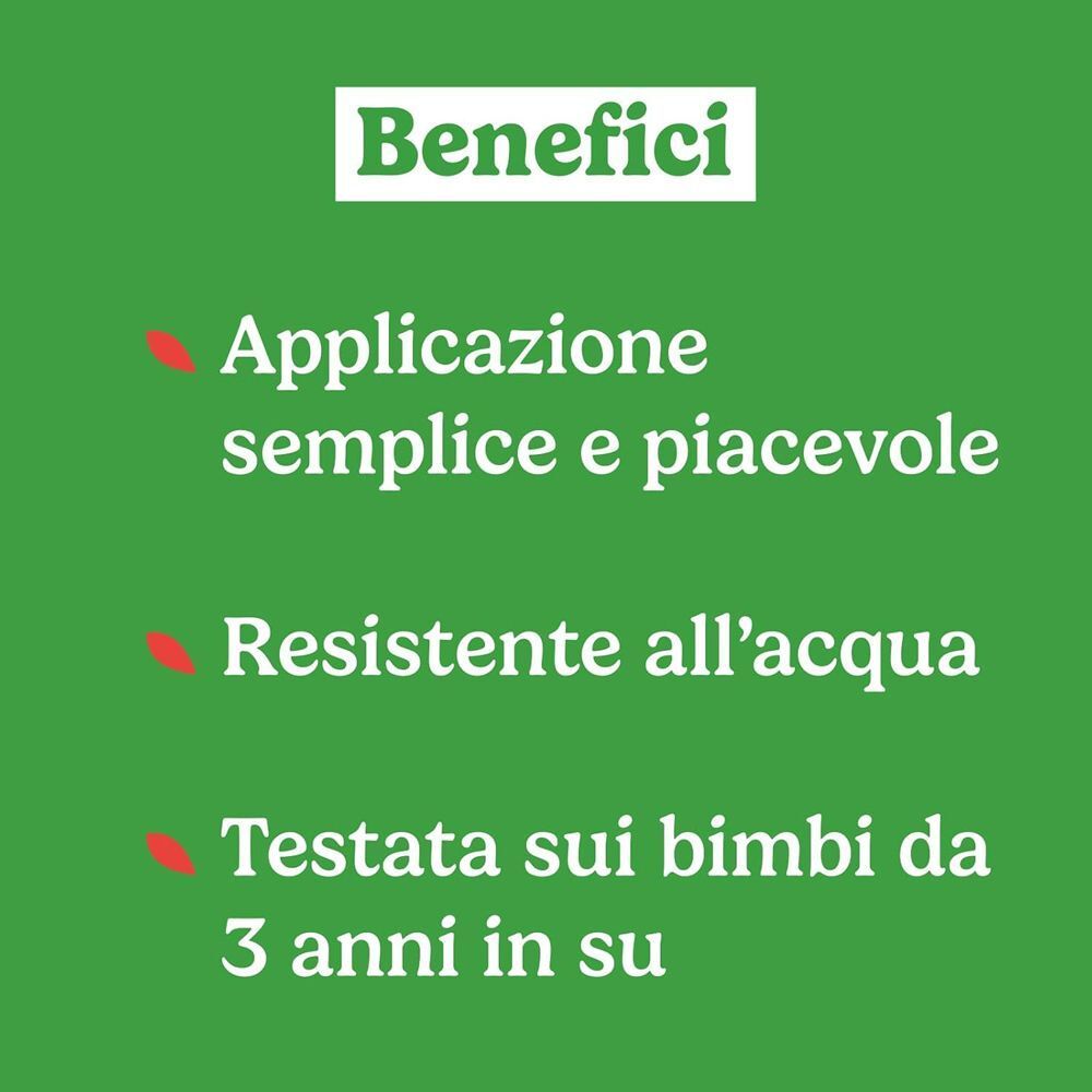 Elenco dei vantaggi della crema solare per bambini: applicazione facile, resistente all'acqua, testata.