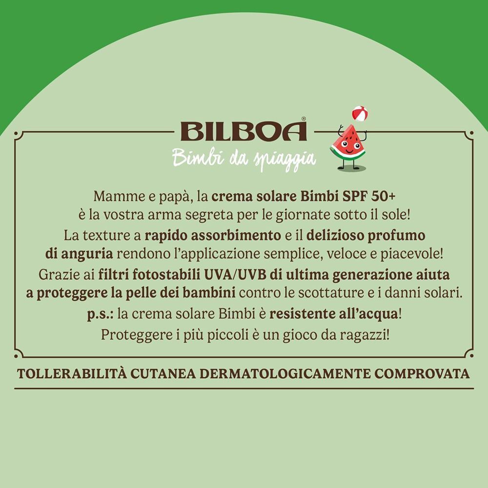 Vista dettagliata della descrizione del prodotto per la crema solare Bilboa Bimbi da Spiaggia SPF 50+.