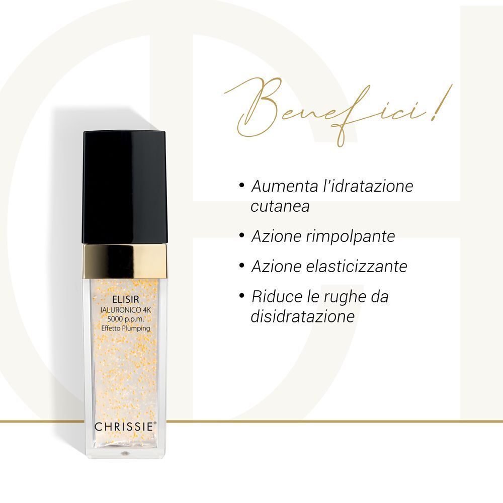 Un flacone di Chrissie Elisir Ialuronico 4K con testo sui benefici come idratazione ed effetto plumping.