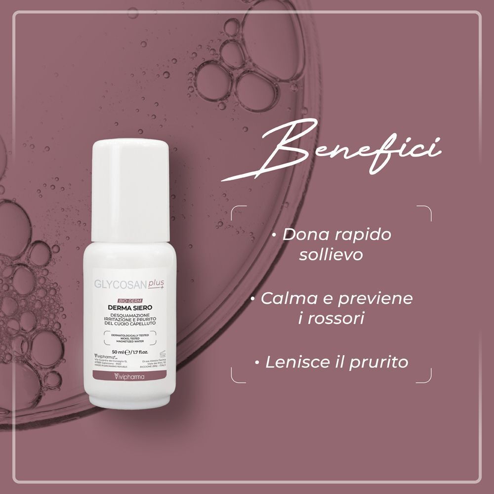 Un flacone di Glycosan Plus Bioderm Derma Siero con elenco dei benefici.