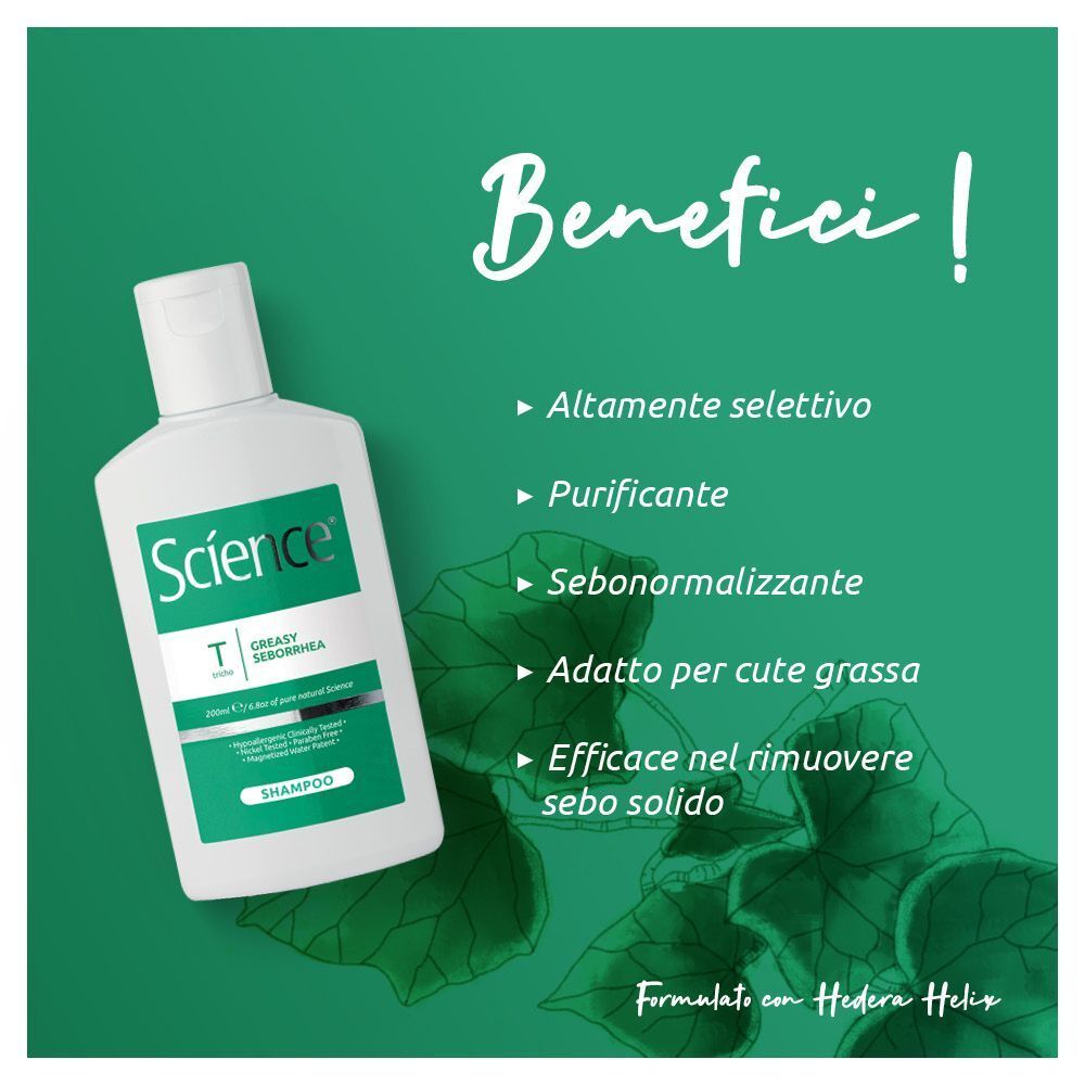Flacone bianco con etichetta verde, riportante "Science T GREASY SEBORRHEA SHAMPOO".