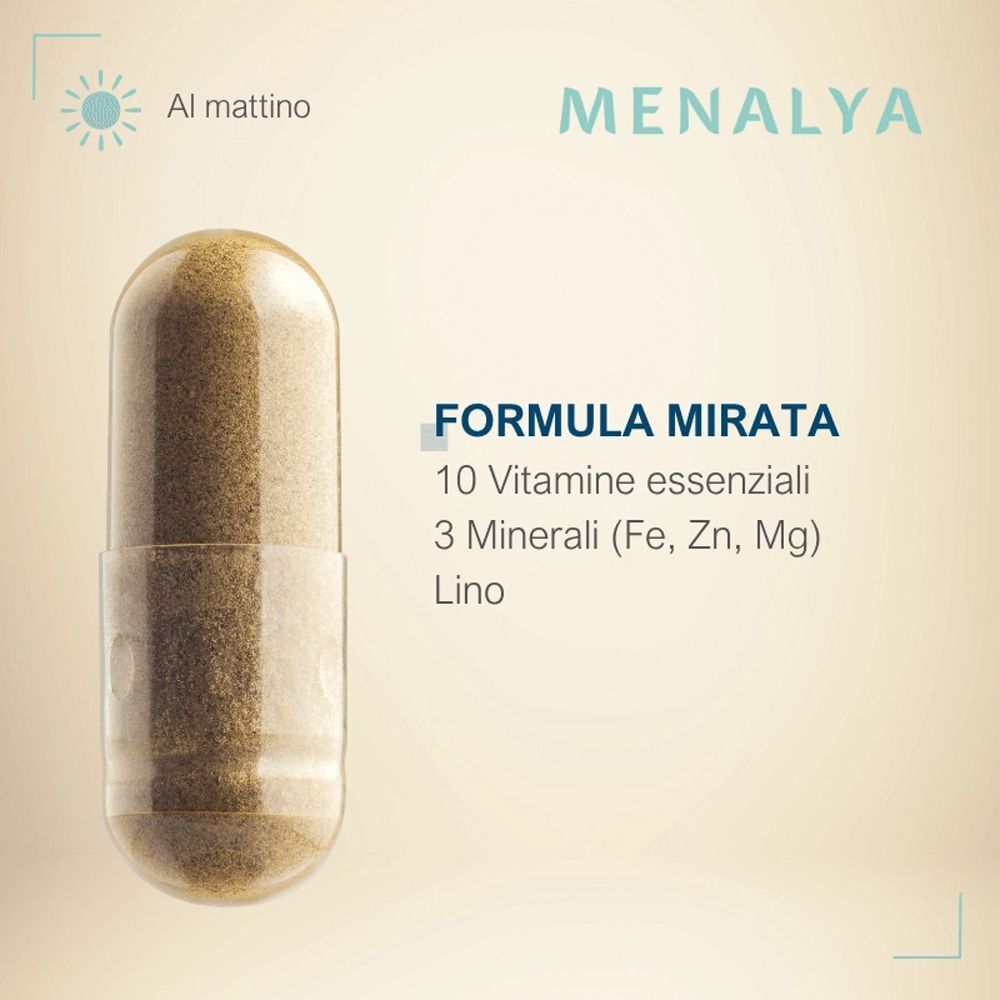 Una capsula Femilyane Menalya Menopausa. "Formula mirata" con 10 vitamine, 3 minerali (Fe, Zn, Mg) e lino.