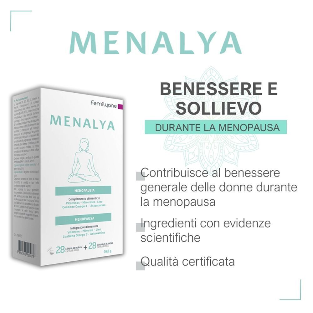Femilyane Menalya Menopausa: Benessere e sollievo durante la menopausa. Con vitamine, minerali e omega-3.
