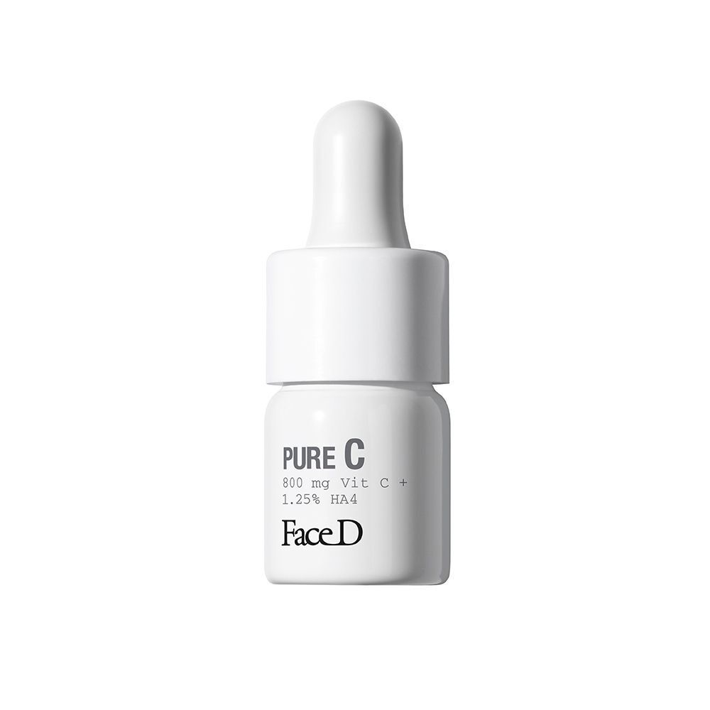 Un flaconcino bianco con contagocce, etichettato 'Pure C', '800 mg Vit C+', '1.25% HA4' e 'FaceD'.