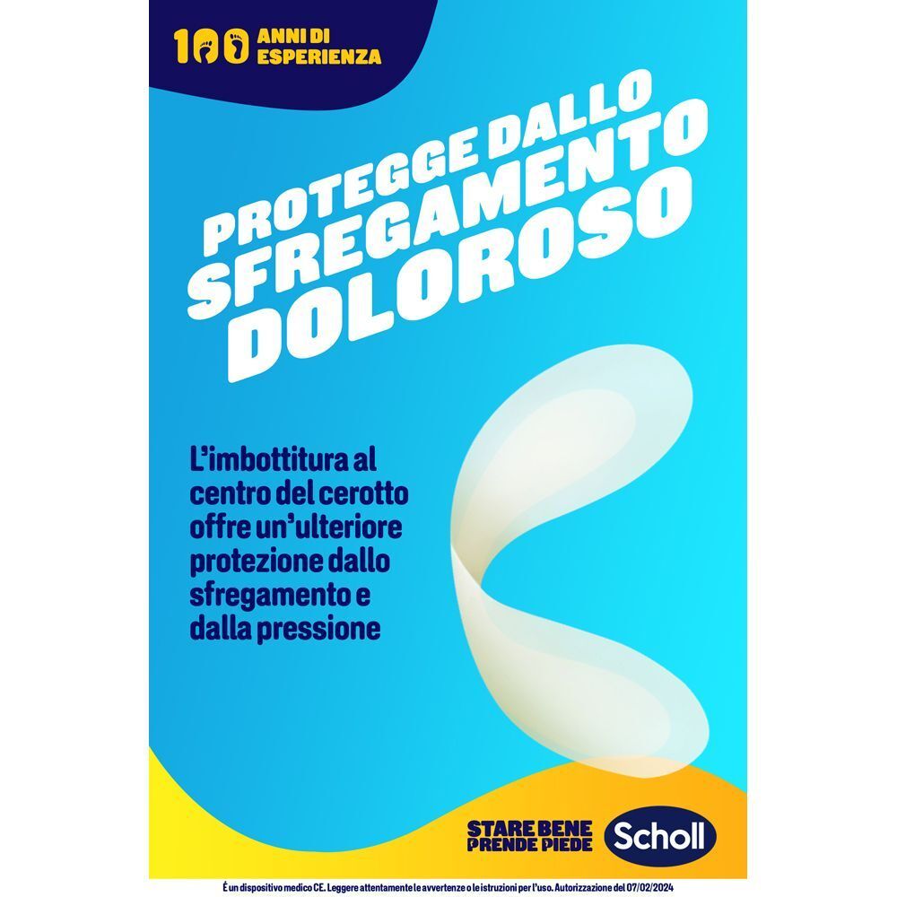 Cerotto Scholl protegge dallo sfregamento doloroso. Imbottitura centrale per ulteriore protezione.