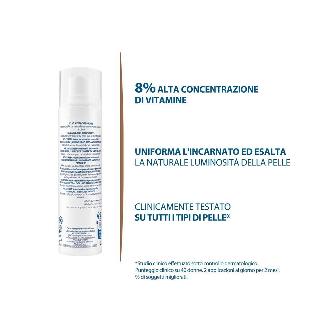 Flacone bianco Ducray Melascreen Siero, retro con testo e icone. 8% alta concentrazione di vitamine.