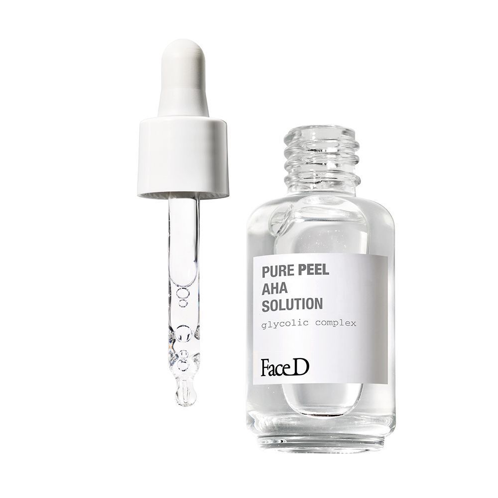 Flacone Face D Pure Peel AHA Solution con contagocce, liquido limpido visibile.