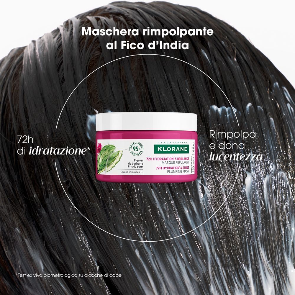 Maschera Klorane sui capelli, promette 72h di idratazione e brillantezza.